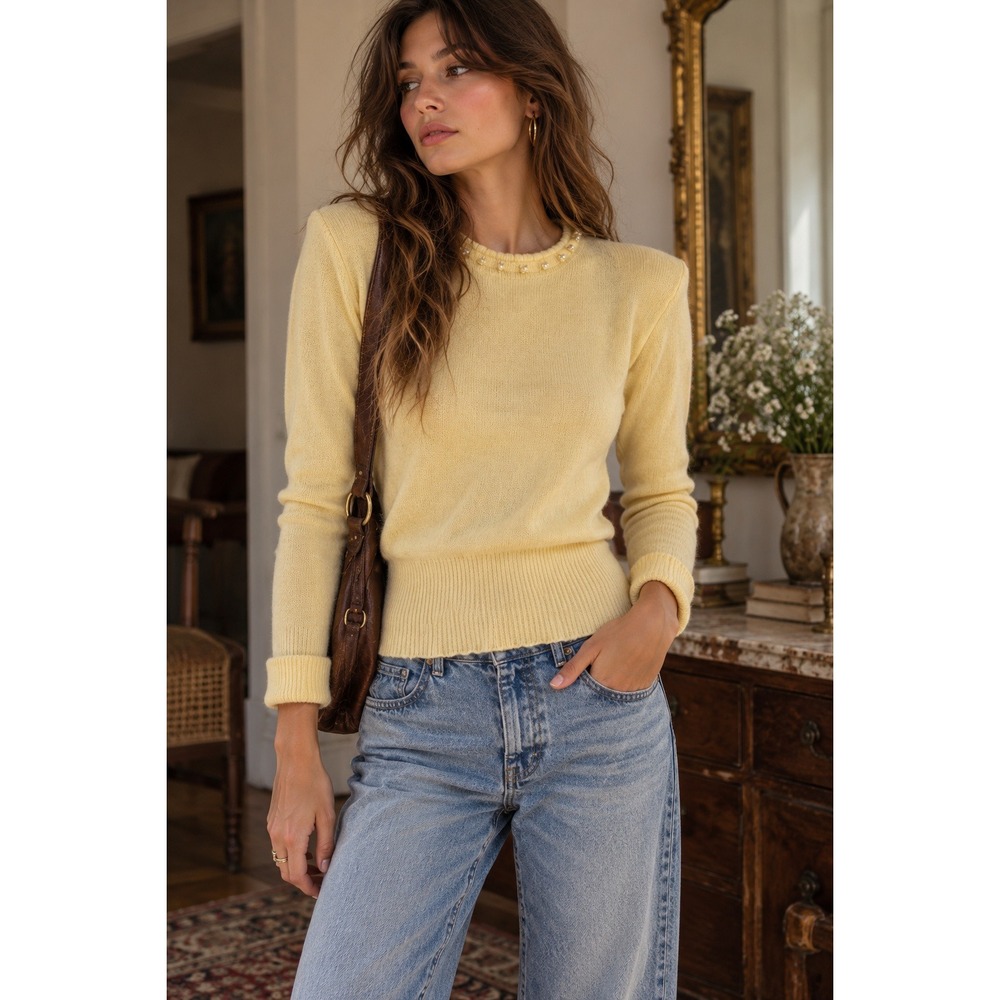 Vintage 80s Pearl Embellished Angora Lambswool Sweater Womens S Butter Yellow
